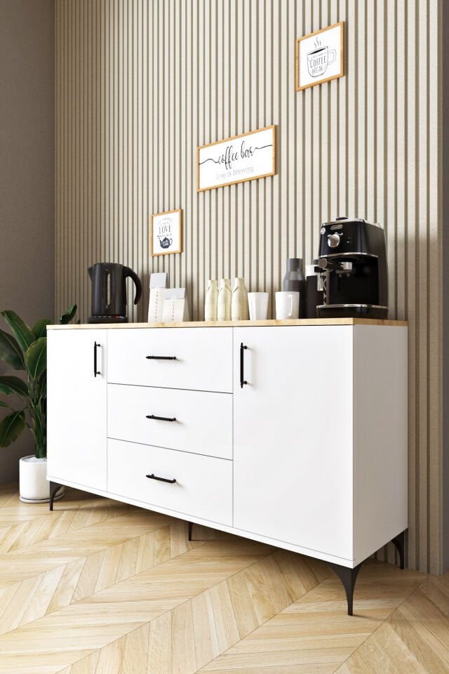 Ases Mobilya ASL4411 Kahve Köşesi Çok Amaçlı Dolap 2 Kapaklı 3 Çekmeceli Kiler Mutfak Dolabı Konsol