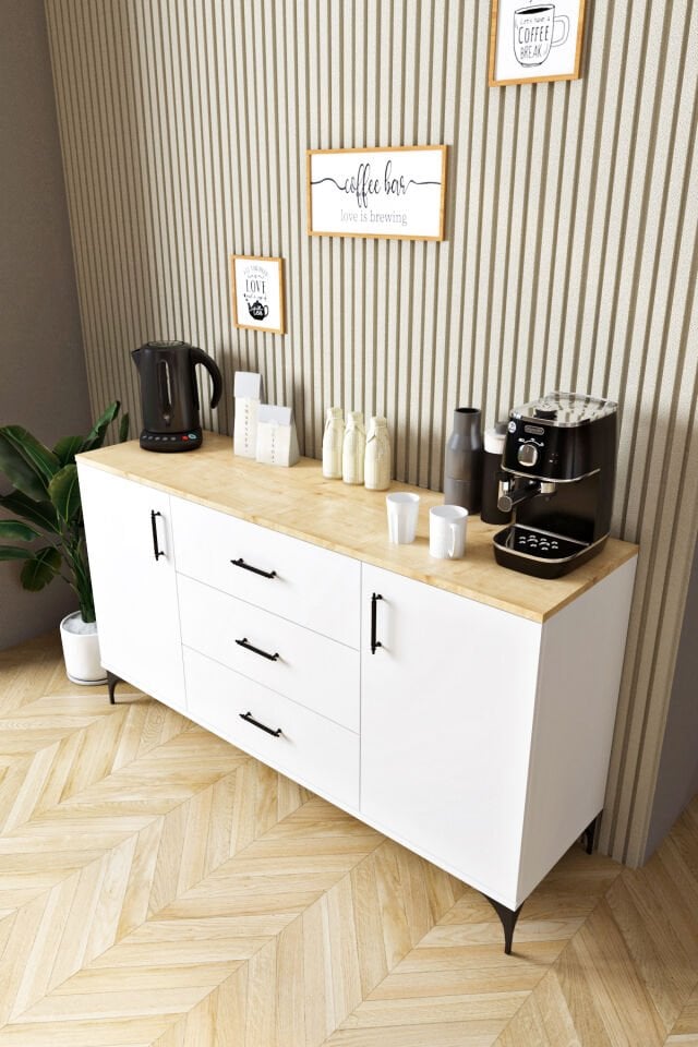 Ases Mobilya ASL4411 Kahve Köşesi Çok Amaçlı Dolap 2 Kapaklı 3 Çekmeceli Kiler Mutfak Dolabı Konsol