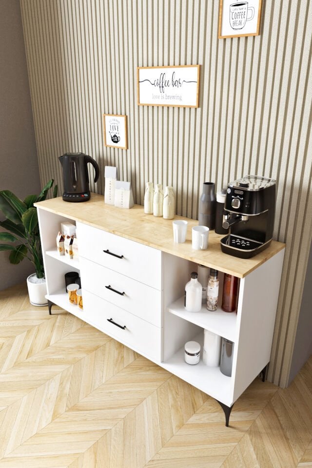 Ases Mobilya ASL4411 Kahve Köşesi Çok Amaçlı Dolap 2 Kapaklı 3 Çekmeceli Kiler Mutfak Dolabı Konsol