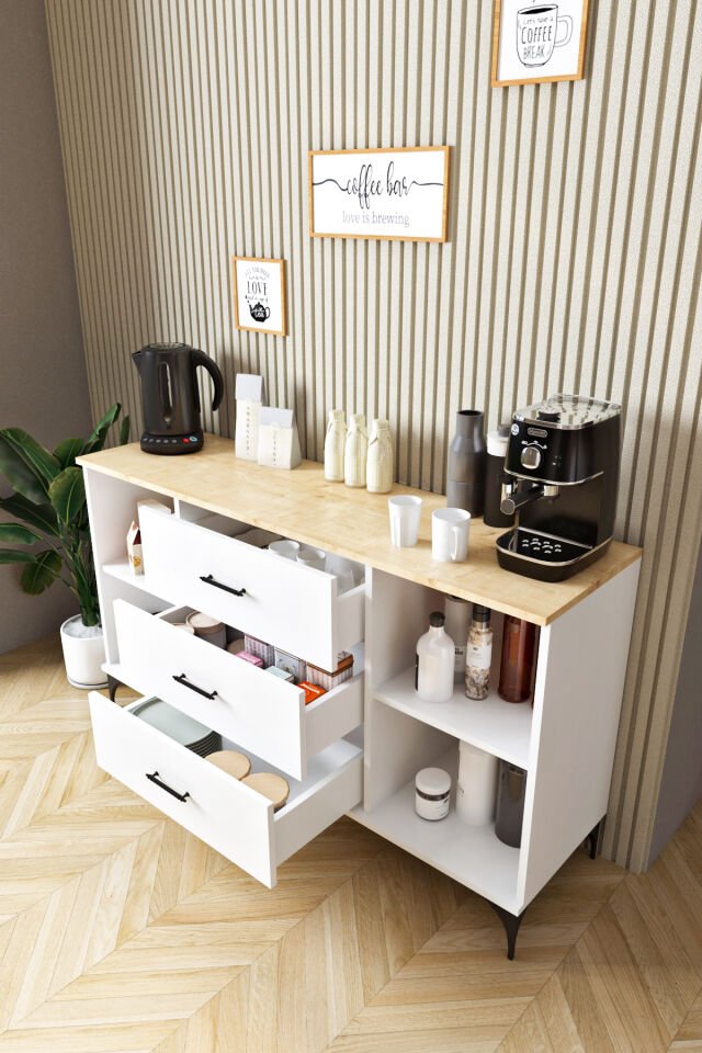 Ases Mobilya ASL4411 Kahve Köşesi Çok Amaçlı Dolap 2 Kapaklı 3 Çekmeceli Kiler Mutfak Dolabı Konsol