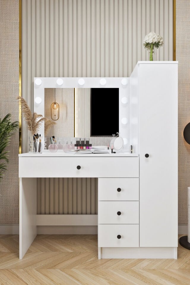 Ases Mobilya Cmt520 Hollywood Işıklı Aynalı Boy Dolaplı Çekmeceli Makyaj Masası Modern Tasarım