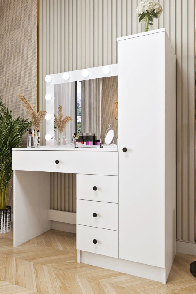 Ases Mobilya Cmt520 Hollywood Işıklı Aynalı Boy Dolaplı Çekmeceli Makyaj Masası Modern Tasarım