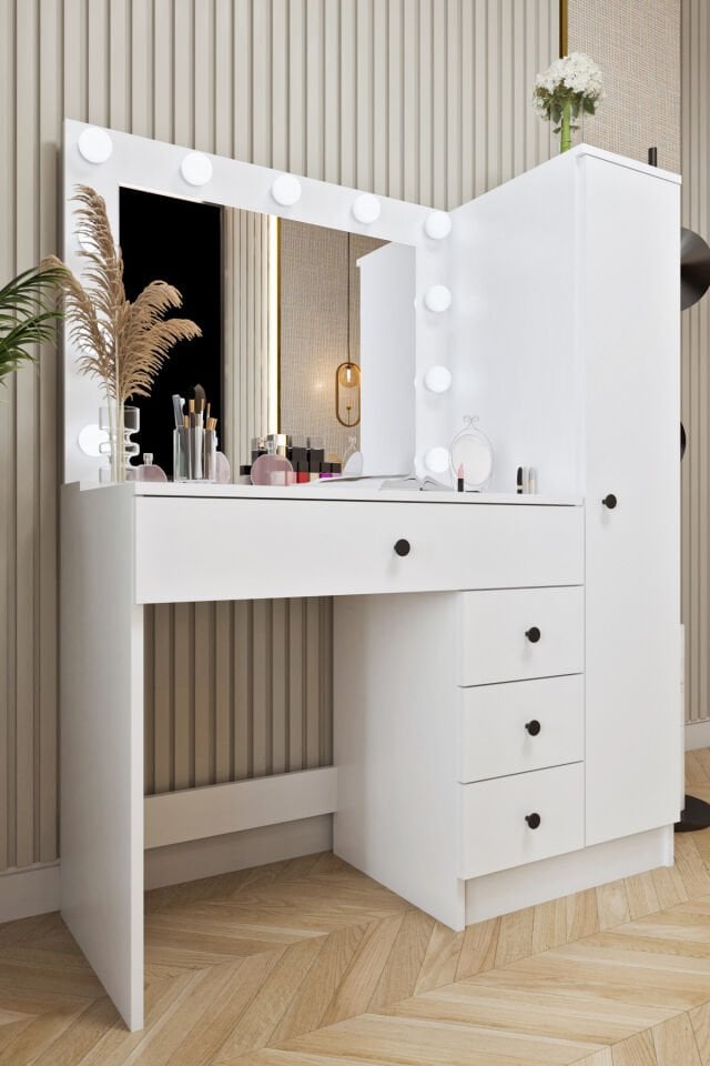 Ases Mobilya Cmt520 Hollywood Işıklı Aynalı Boy Dolaplı Çekmeceli Makyaj Masası Modern Tasarım