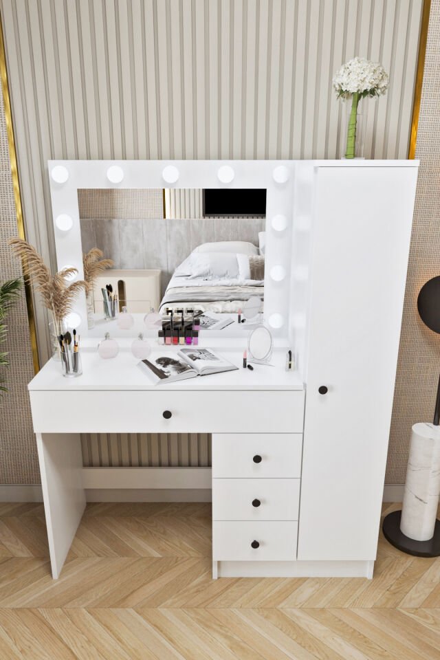 Ases Mobilya Cmt520 Hollywood Işıklı Aynalı Boy Dolaplı Çekmeceli Makyaj Masası Modern Tasarım