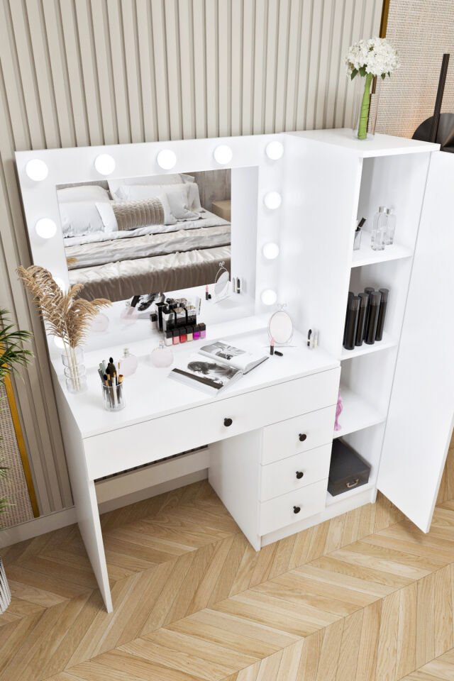 Ases Mobilya Cmt520 Hollywood Işıklı Aynalı Boy Dolaplı Çekmeceli Makyaj Masası Modern Tasarım