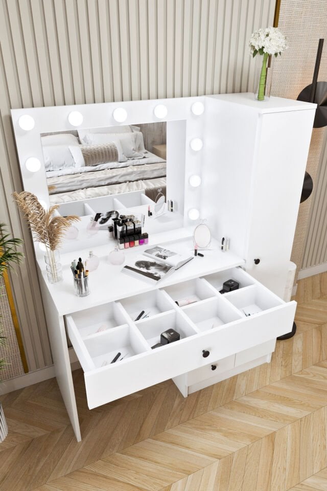 Ases Mobilya Cmt520 Hollywood Işıklı Aynalı Boy Dolaplı Çekmeceli Makyaj Masası Modern Tasarım