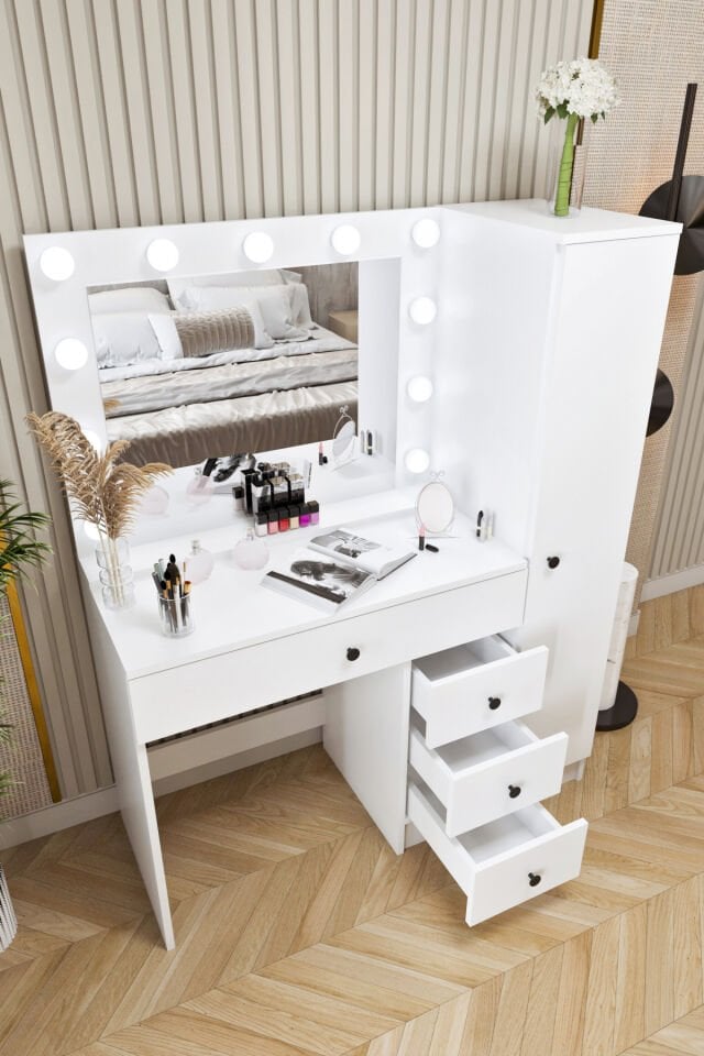 Ases Mobilya Cmt520 Hollywood Işıklı Aynalı Boy Dolaplı Çekmeceli Makyaj Masası Modern Tasarım