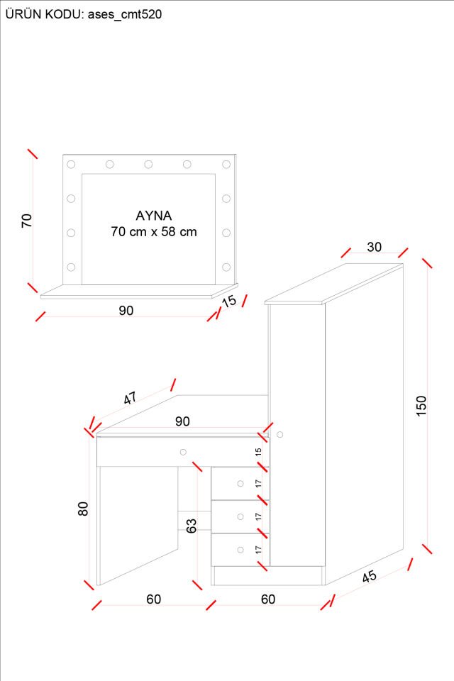 Ases Mobilya Cmt520 Hollywood Işıklı Aynalı Boy Dolaplı Çekmeceli Makyaj Masası Modern Tasarım