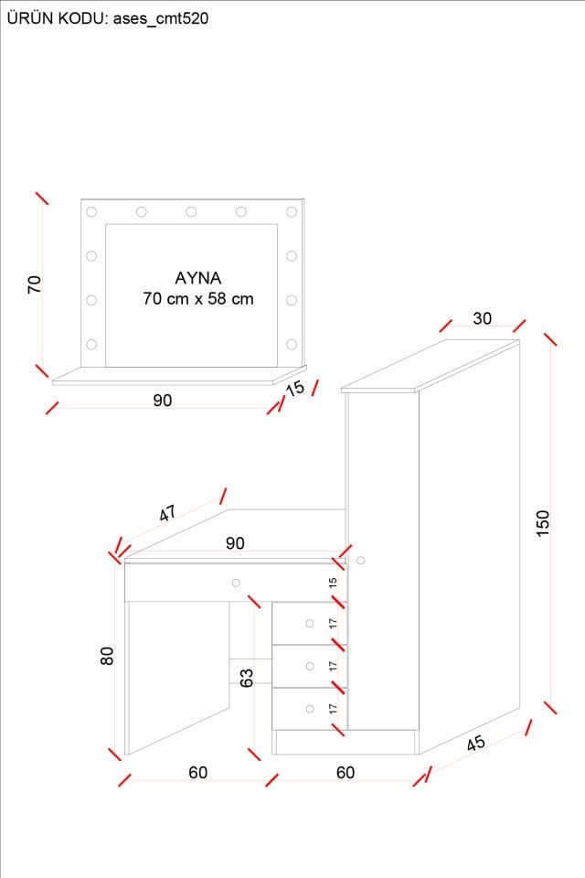 Ases Mobilya Cmt520 Hollywood Işıklı Aynalı Boy Dolaplı Çekmeceli Makyaj Masası Modern Tasarım