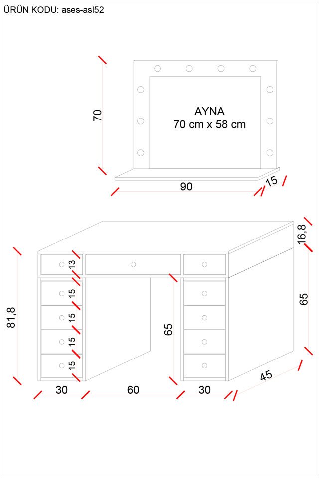 Ases Mobilya Asl52 Hollywood Işıklı Makyaj Masası Bol Çekmeceli Modern Tasarım Beyaz