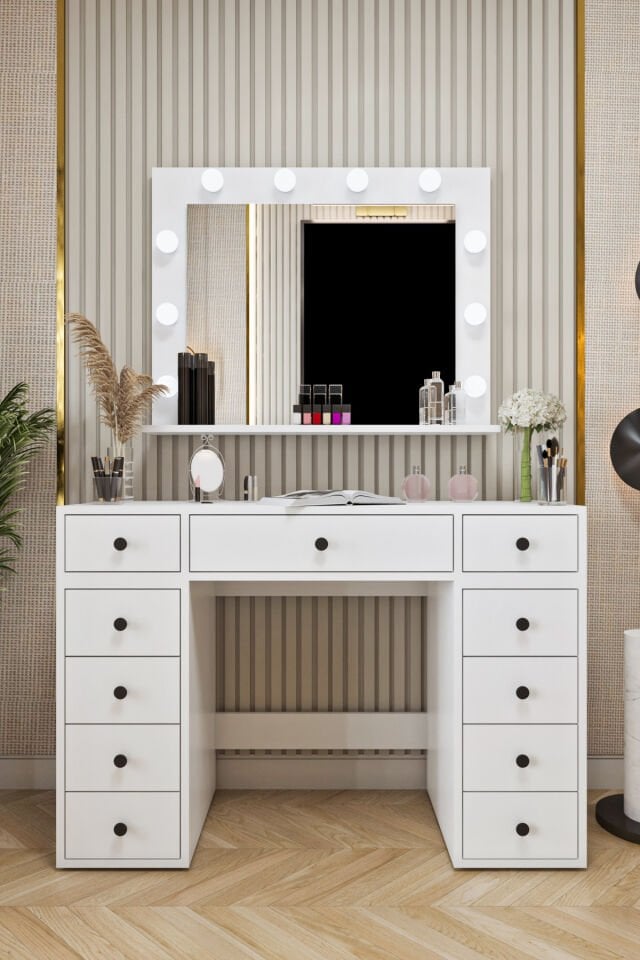 Ases Mobilya Asl52 Hollywood Işıklı Makyaj Masası Bol Çekmeceli Modern Tasarım Beyaz