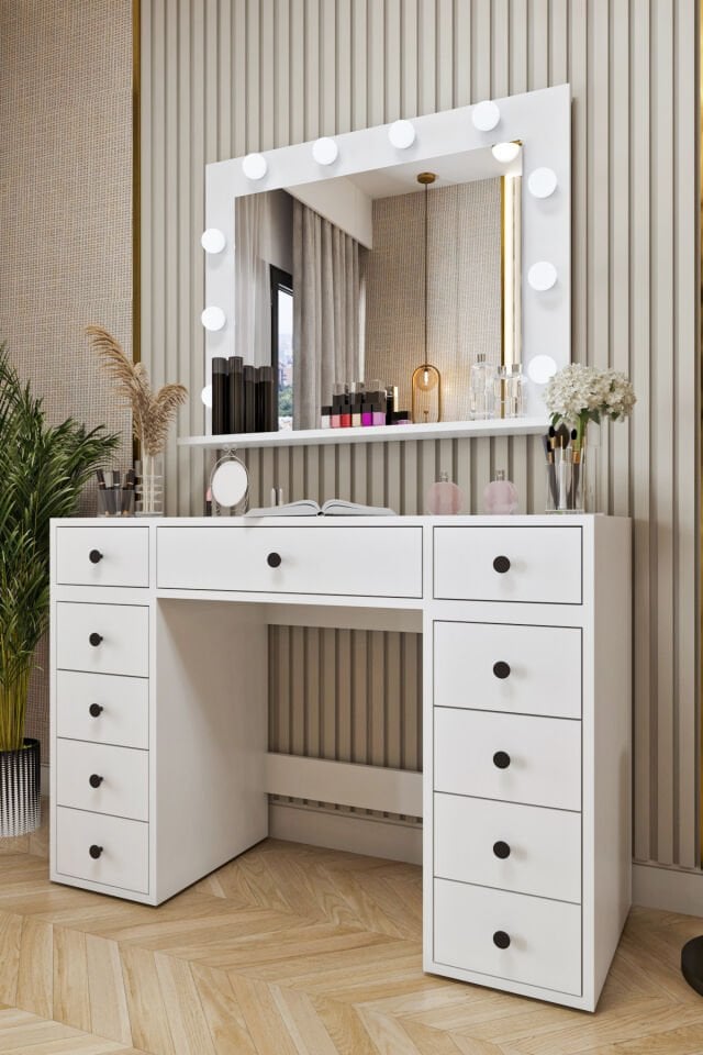 Ases Mobilya Asl52 Hollywood Işıklı Makyaj Masası Bol Çekmeceli Modern Tasarım Beyaz