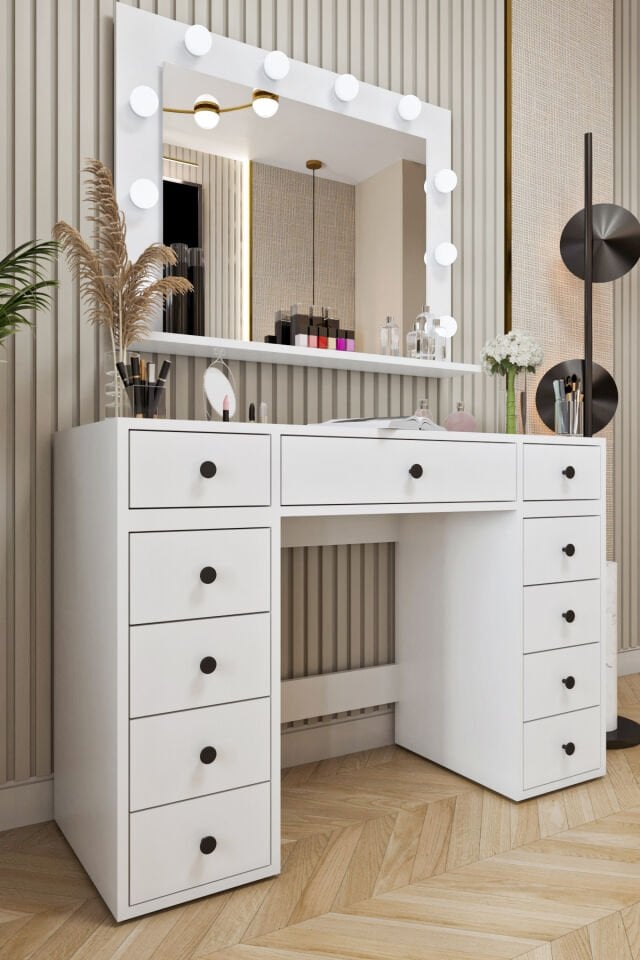 Ases Mobilya Asl52 Hollywood Işıklı Makyaj Masası Bol Çekmeceli Modern Tasarım Beyaz