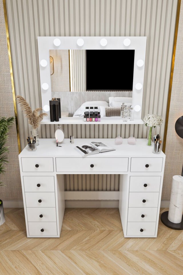 Ases Mobilya Asl52 Hollywood Işıklı Makyaj Masası Bol Çekmeceli Modern Tasarım Beyaz