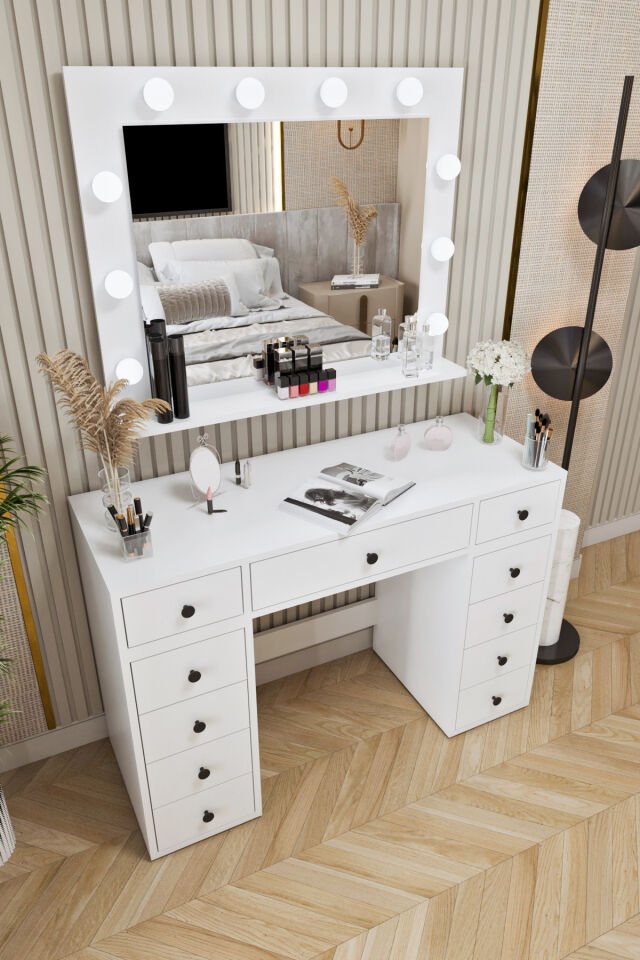Ases Mobilya Asl52 Hollywood Işıklı Makyaj Masası Bol Çekmeceli Modern Tasarım Beyaz