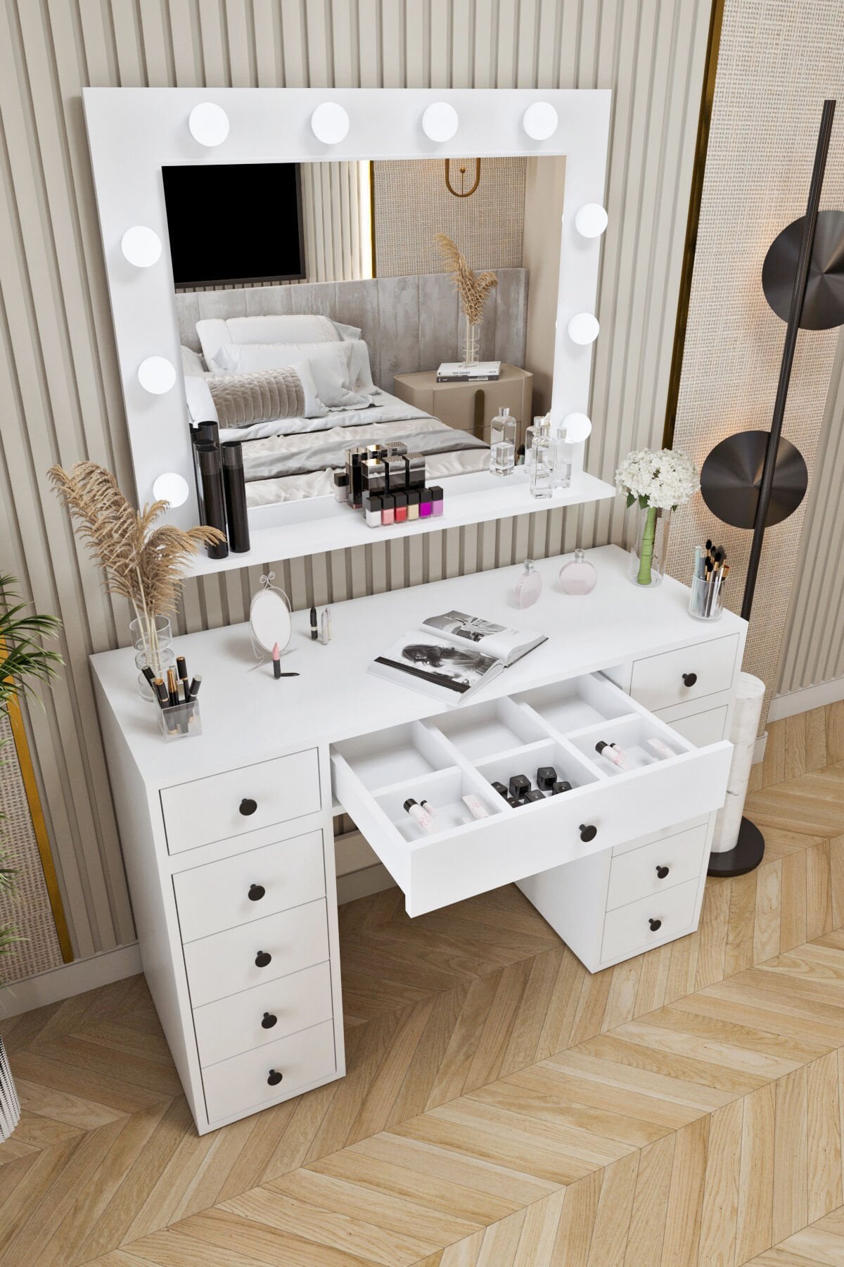 Ases Mobilya Asl52 Hollywood Işıklı Makyaj Masası Bol Çekmeceli Modern Tasarım Beyaz