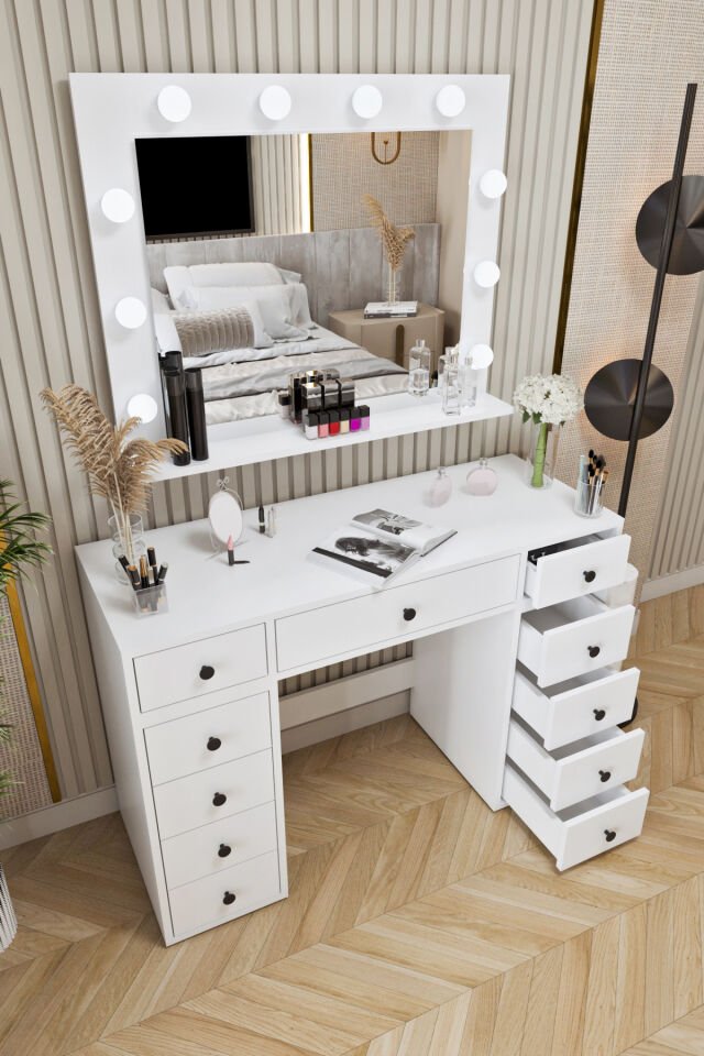 Ases Mobilya Asl52 Hollywood Işıklı Makyaj Masası Bol Çekmeceli Modern Tasarım Beyaz
