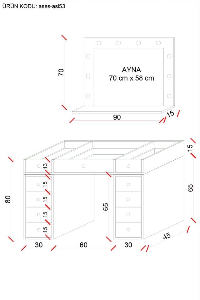 Ases Mobilya Asl53 Hollywood Işıklı Makyaj Masası Bol Çekmeceli Modern Tasarım