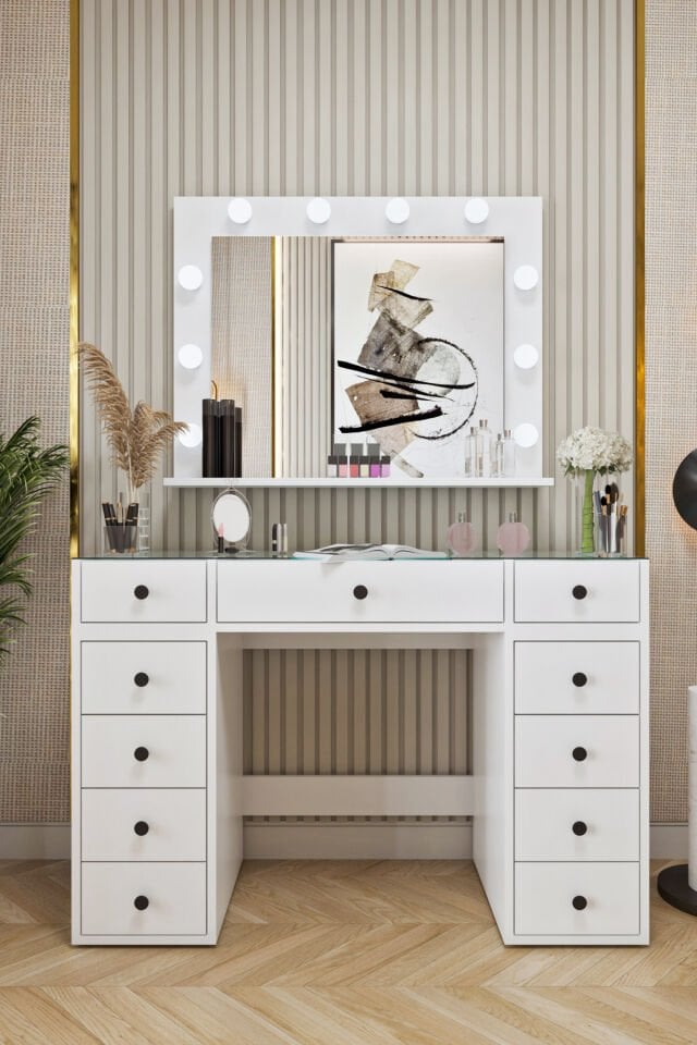 Ases Mobilya Asl53 Hollywood Işıklı Makyaj Masası Bol Çekmeceli Modern Tasarım