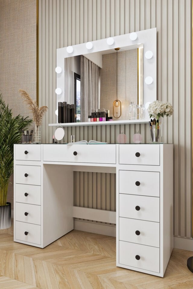 Ases Mobilya Asl53 Hollywood Işıklı Makyaj Masası Bol Çekmeceli Modern Tasarım