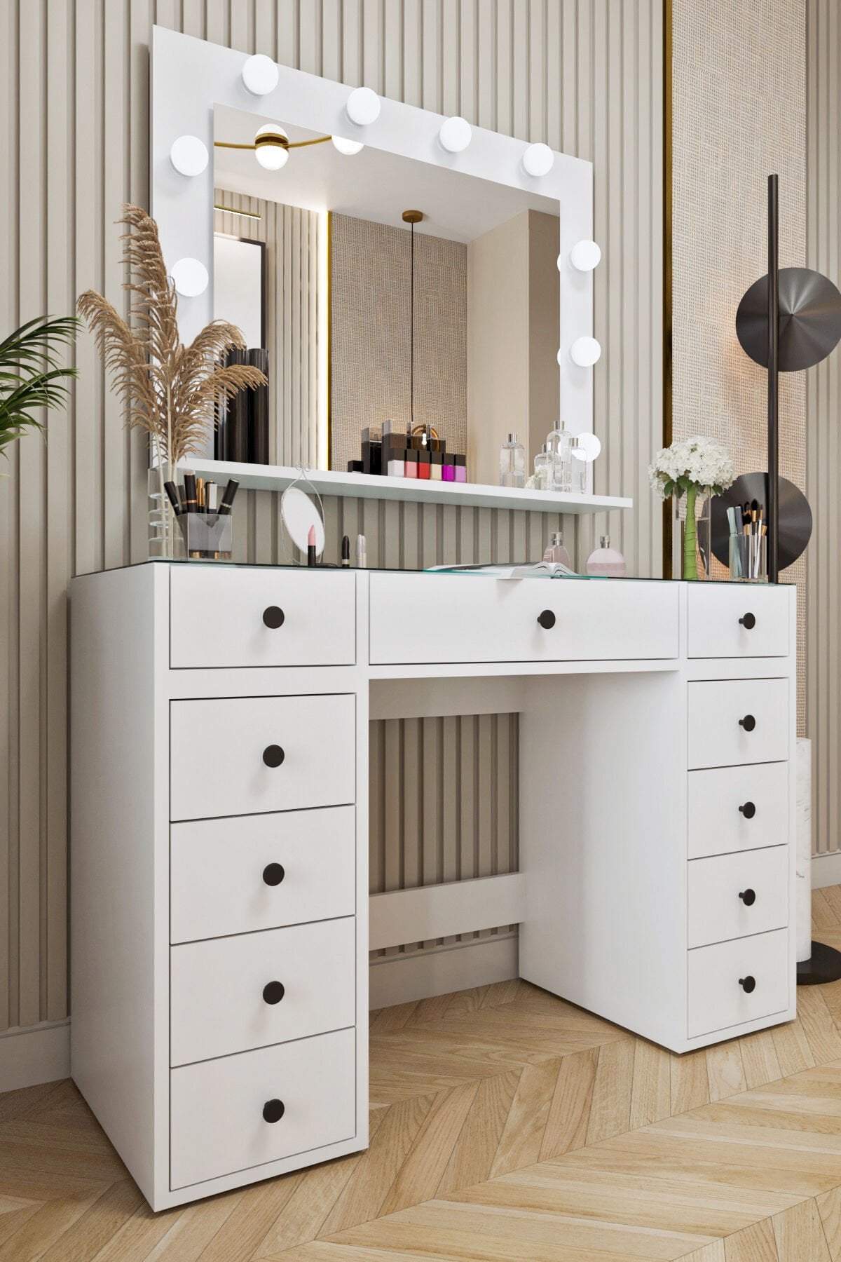 Ases Mobilya Asl53 Hollywood Işıklı Makyaj Masası Bol Çekmeceli Modern Tasarım