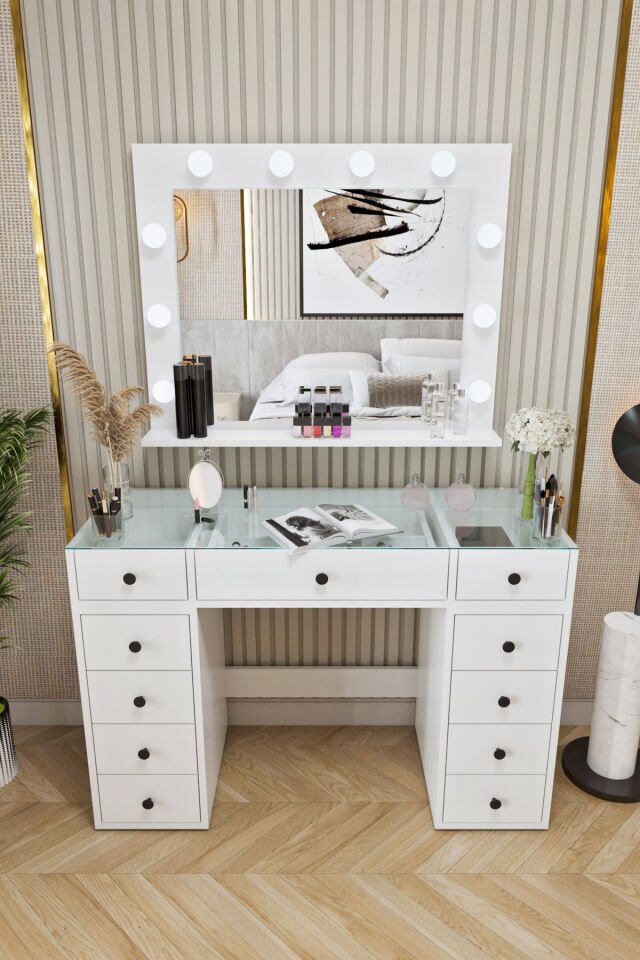 Ases Mobilya Asl53 Hollywood Işıklı Makyaj Masası Bol Çekmeceli Modern Tasarım