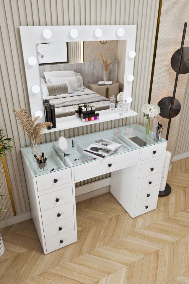 Ases Mobilya Asl53 Hollywood Işıklı Makyaj Masası Bol Çekmeceli Modern Tasarım