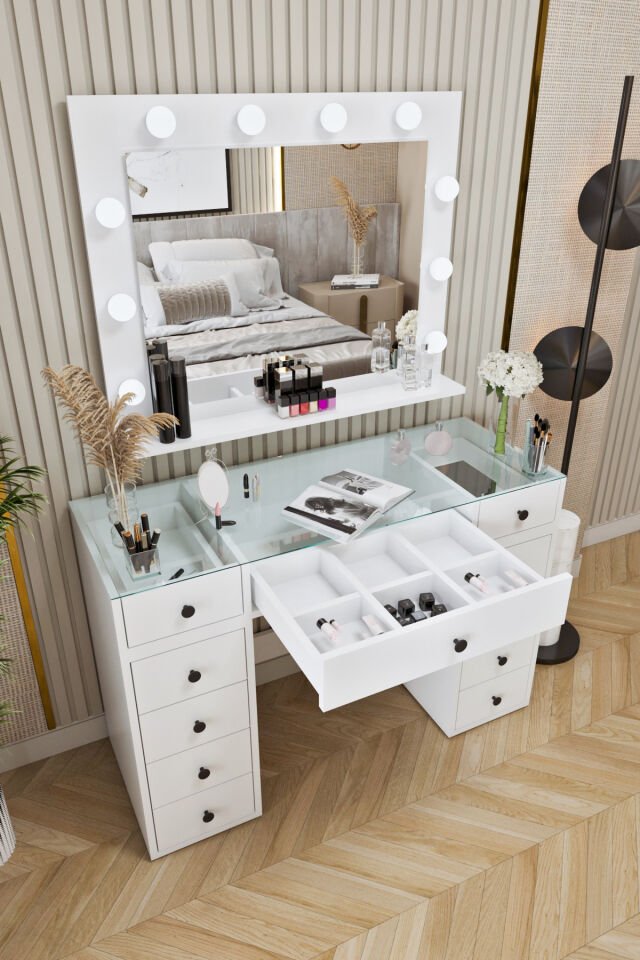 Ases Mobilya Asl53 Hollywood Işıklı Makyaj Masası Bol Çekmeceli Modern Tasarım
