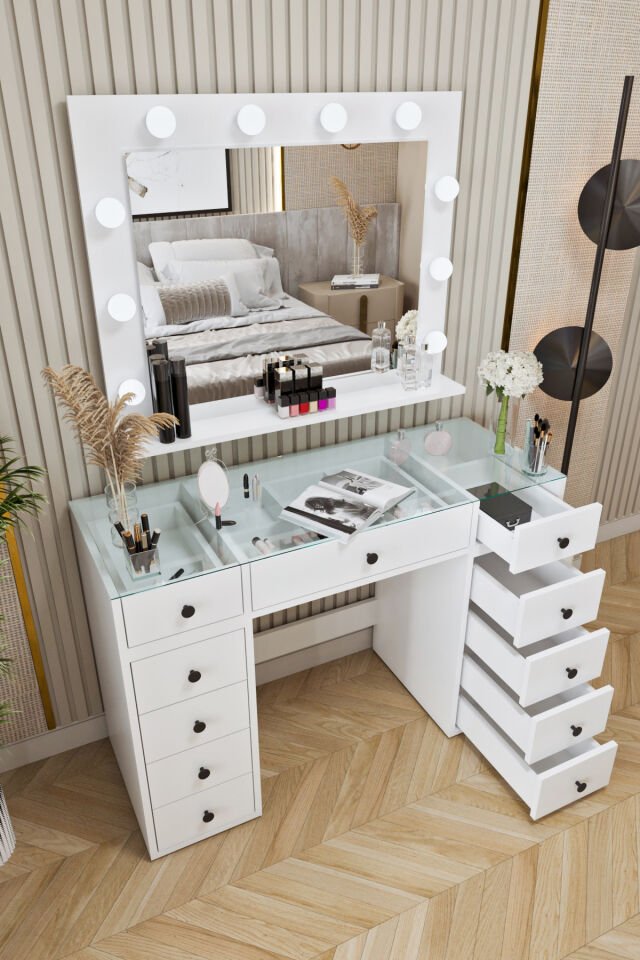 Ases Mobilya Asl53 Hollywood Işıklı Makyaj Masası Bol Çekmeceli Modern Tasarım
