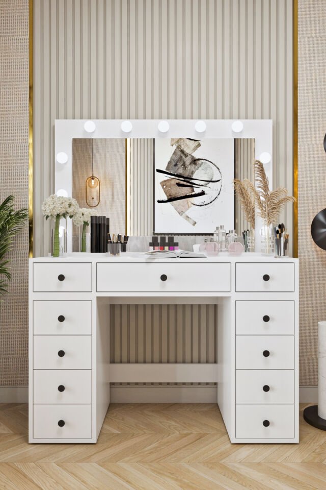 Ases Mobilya Asl54 Hollywood Işıklı Geniş Aynalı Makyaj Masası Bol Çekmeceli Beyaz