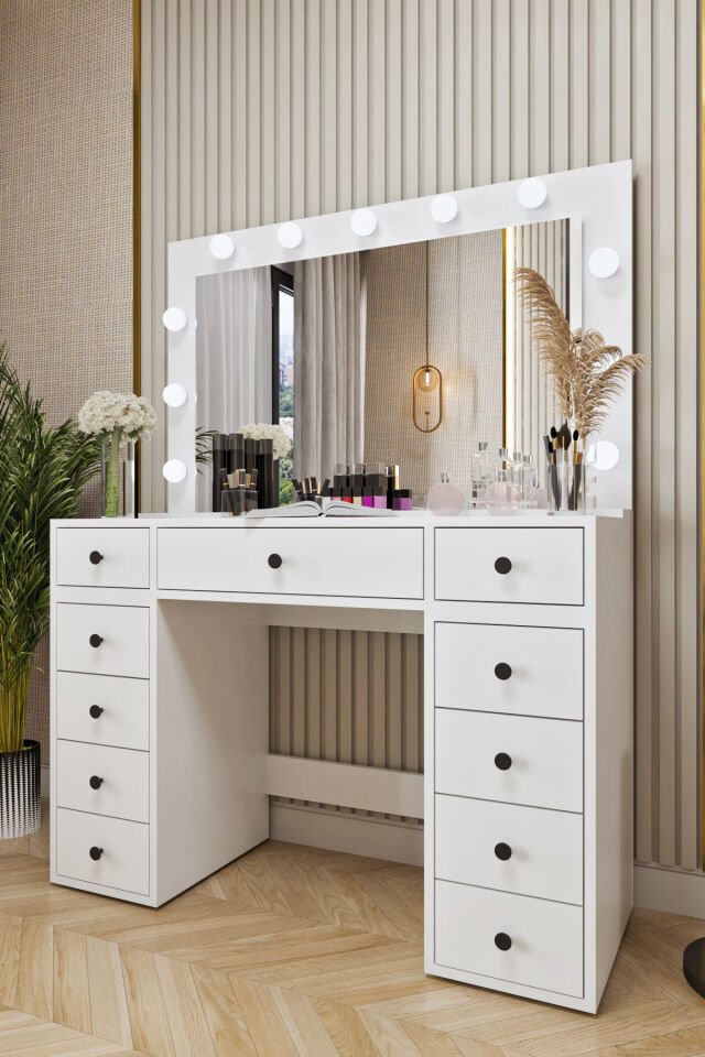 Ases Mobilya Asl54 Hollywood Işıklı Geniş Aynalı Makyaj Masası Bol Çekmeceli Beyaz