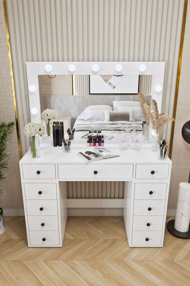 Ases Mobilya Asl54 Hollywood Işıklı Geniş Aynalı Makyaj Masası Bol Çekmeceli Beyaz