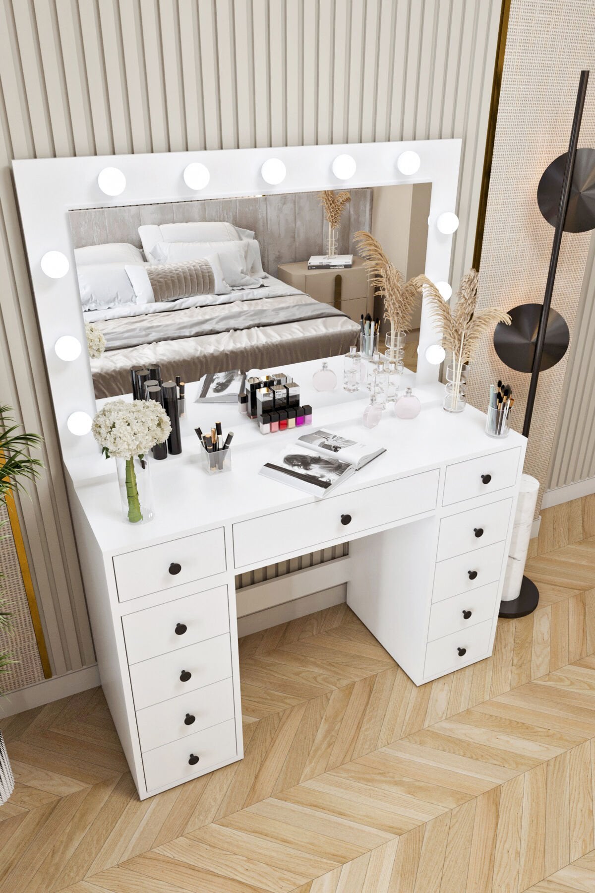 Ases Mobilya Asl54 Hollywood Işıklı Geniş Aynalı Makyaj Masası Bol Çekmeceli Beyaz
