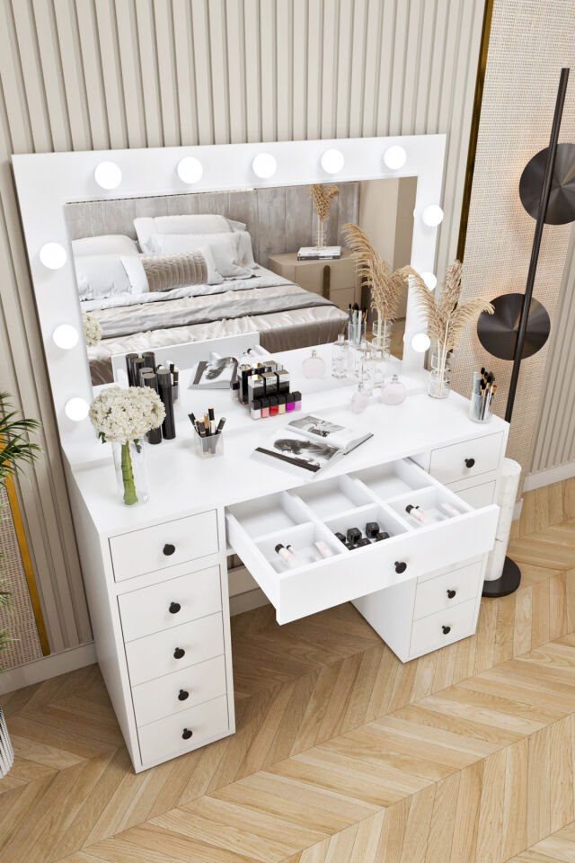 Ases Mobilya Asl54 Hollywood Işıklı Geniş Aynalı Makyaj Masası Bol Çekmeceli Beyaz