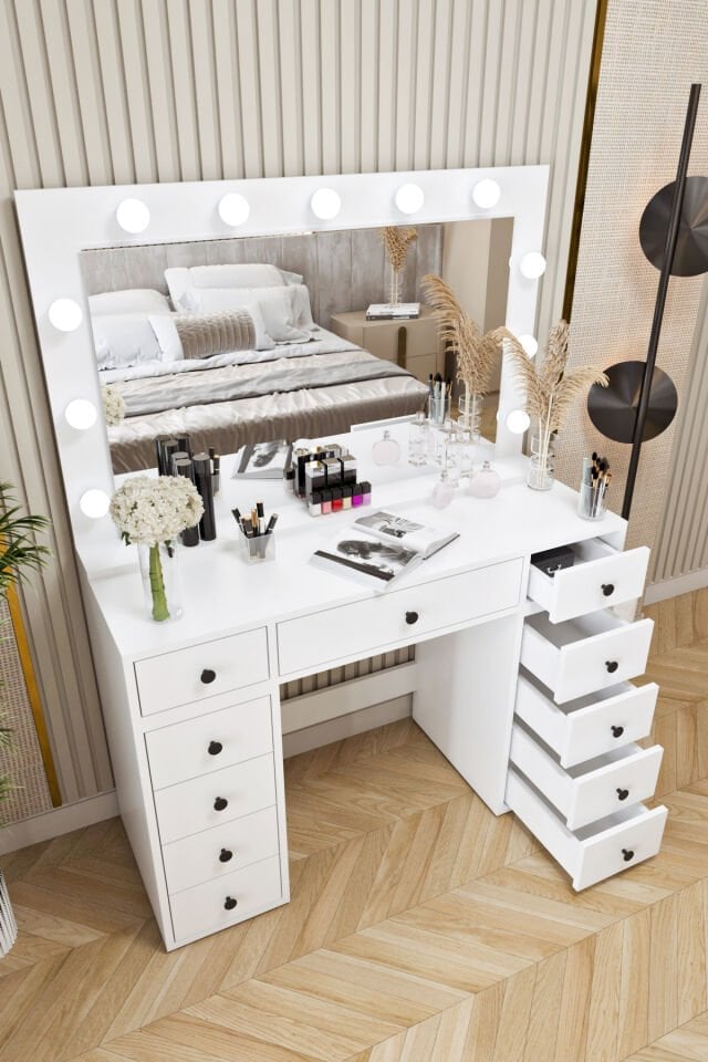 Ases Mobilya Asl54 Hollywood Işıklı Geniş Aynalı Makyaj Masası Bol Çekmeceli Beyaz