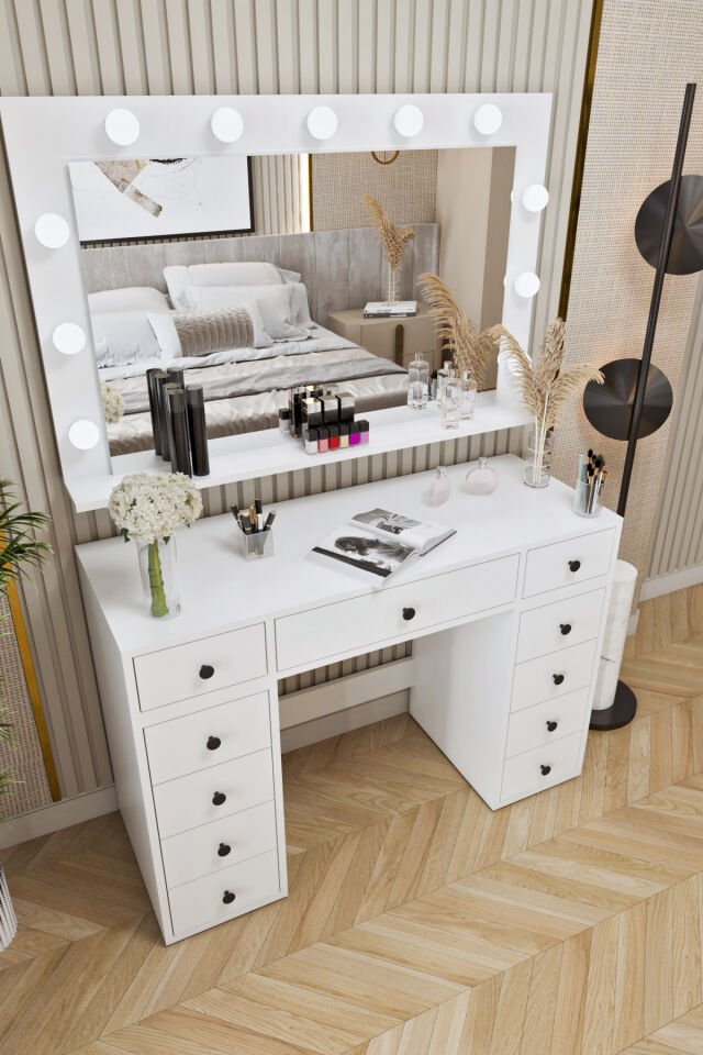 Ases Mobilya Asl54 Hollywood Işıklı Geniş Aynalı Makyaj Masası Bol Çekmeceli Beyaz