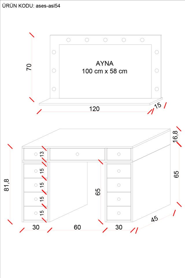 Ases Mobilya Asl54 Hollywood Işıklı Geniş Aynalı Makyaj Masası Bol Çekmeceli Beyaz