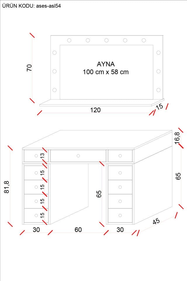 Ases Mobilya Asl54 Hollywood Işıklı Geniş Aynalı Makyaj Masası Bol Çekmeceli Beyaz