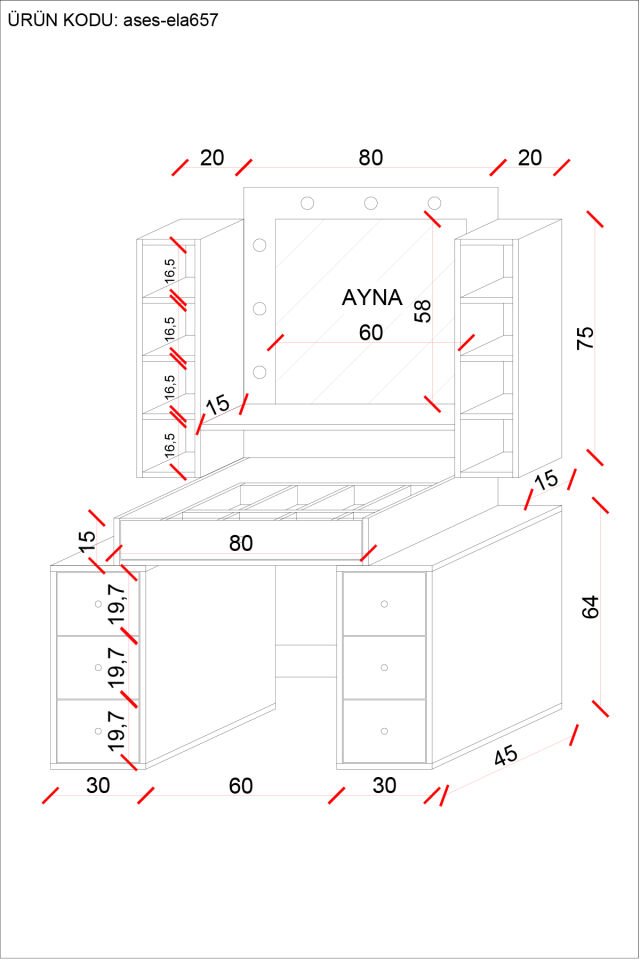 Ases Mobilya ELA657 Hollywood Işıklı Makyaj Masası Bol Çekmeceli Özel Bölmeli ve Extra Raflı Beyaz