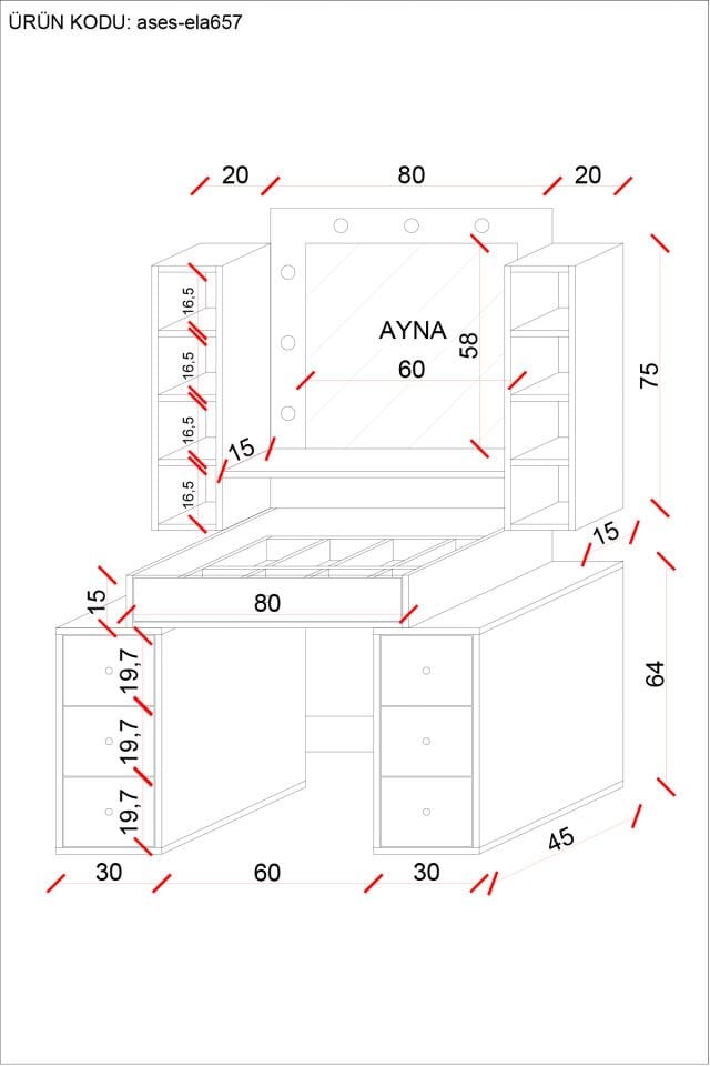 Ases Mobilya ELA657 Hollywood Işıklı Makyaj Masası Bol Çekmeceli Özel Bölmeli ve Extra Raflı Beyaz