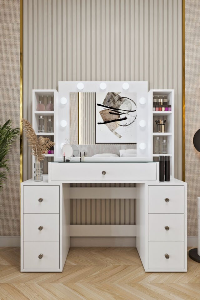Ases Mobilya ELA657 Hollywood Işıklı Makyaj Masası Bol Çekmeceli Özel Bölmeli ve Extra Raflı Beyaz