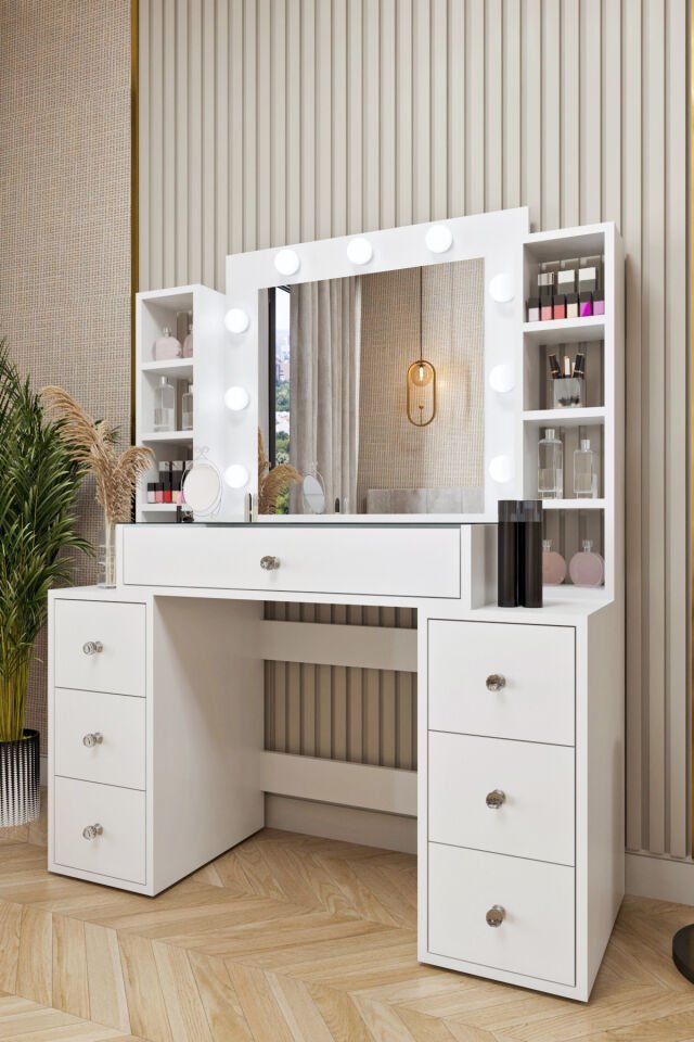 Ases Mobilya ELA657 Hollywood Işıklı Makyaj Masası Bol Çekmeceli Özel Bölmeli ve Extra Raflı Beyaz