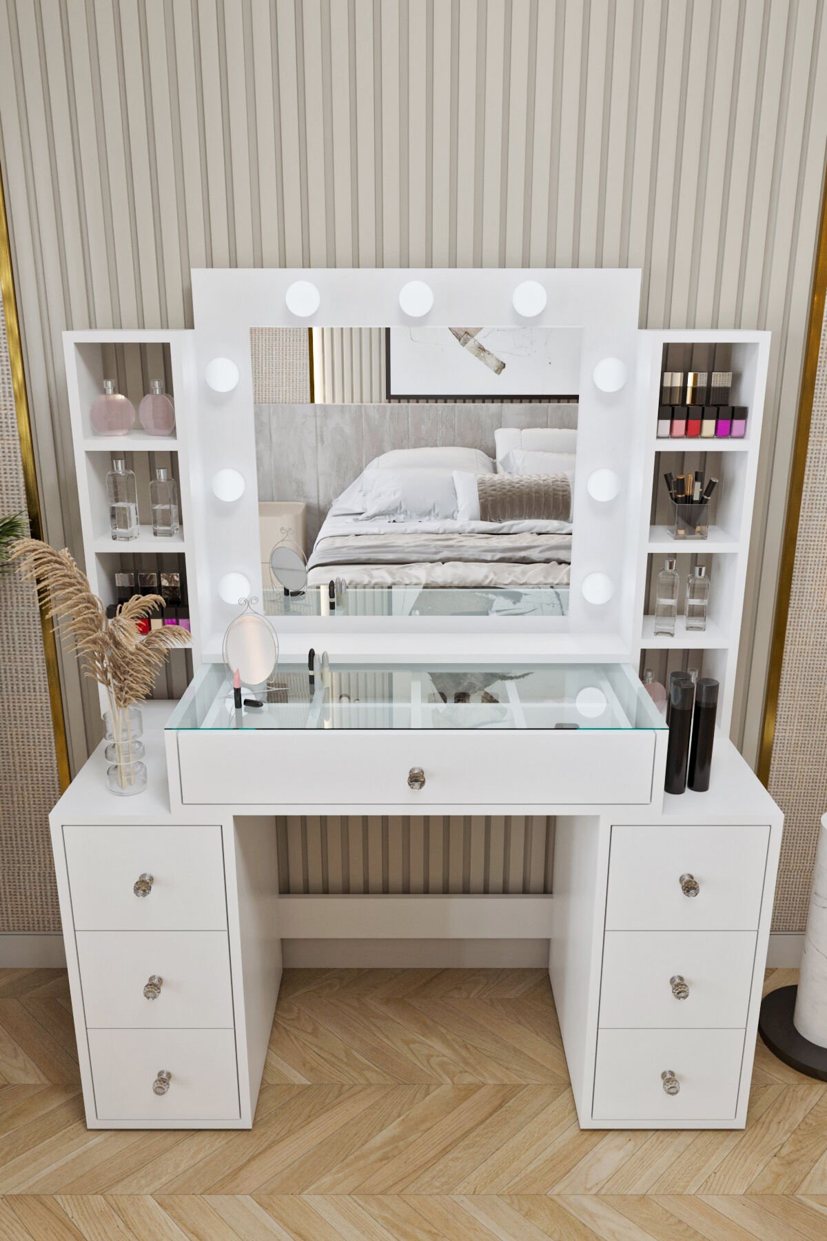 Ases Mobilya ELA657 Hollywood Işıklı Makyaj Masası Bol Çekmeceli Özel Bölmeli ve Extra Raflı Beyaz