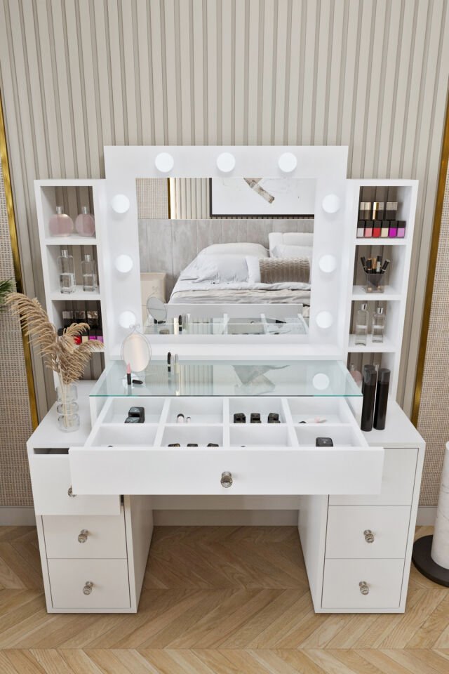 Ases Mobilya ELA657 Hollywood Işıklı Makyaj Masası Bol Çekmeceli Özel Bölmeli ve Extra Raflı Beyaz
