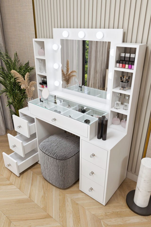 Ases Mobilya ELA657 Hollywood Işıklı Makyaj Masası Bol Çekmeceli Özel Bölmeli ve Extra Raflı Beyaz