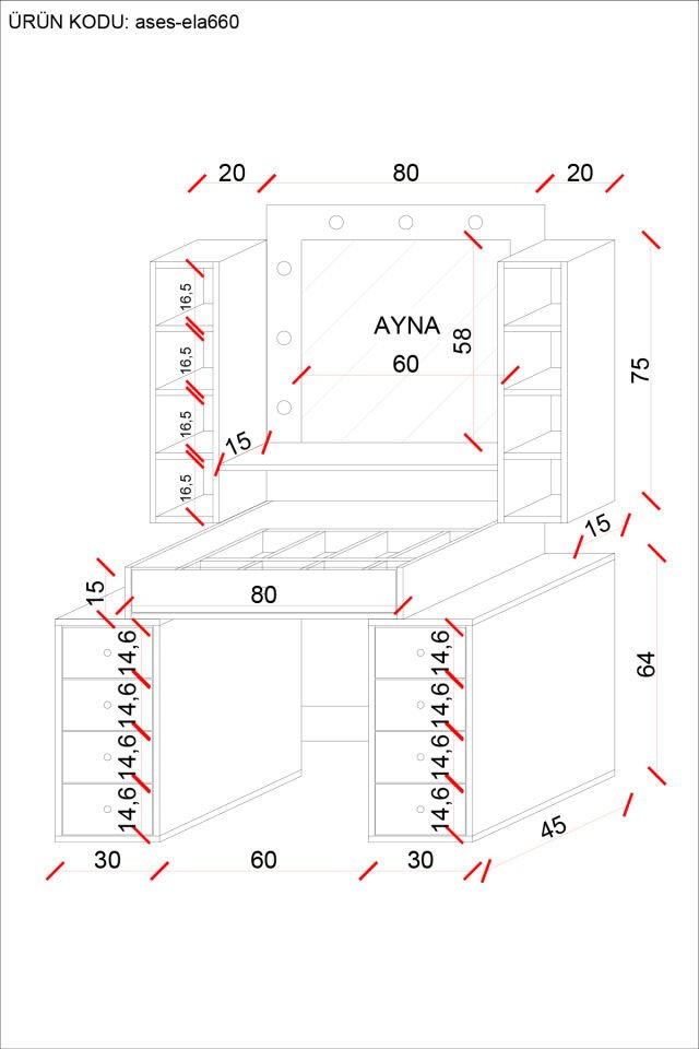 Ases Mobilya Ela660 Makyaj Masası Aynalı ve Işıklı Modern Model