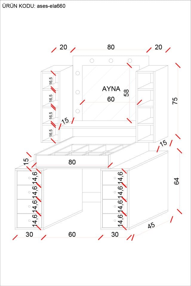 Ases Mobilya Ela660 Makyaj Masası Aynalı ve Işıklı Modern Model