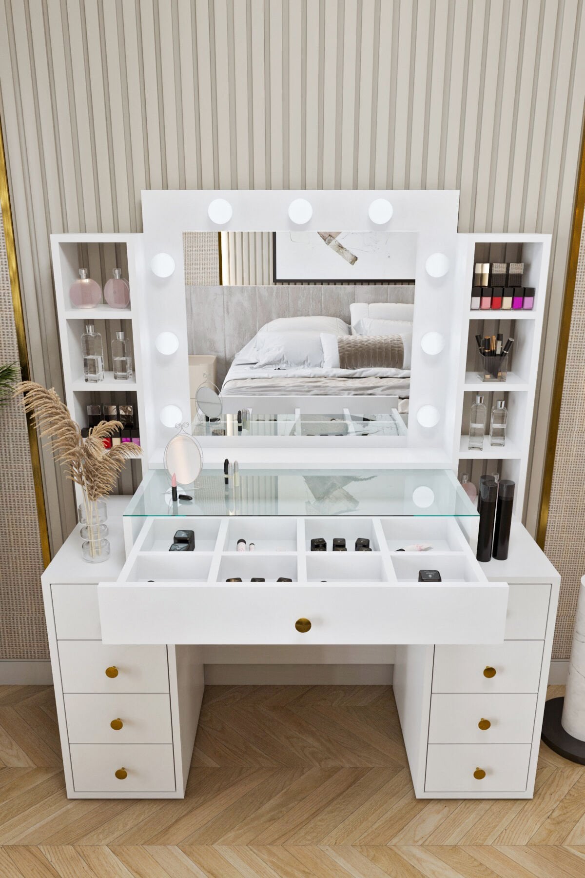 Ases Mobilya Ela660 Makyaj Masası Aynalı ve Işıklı Modern Model