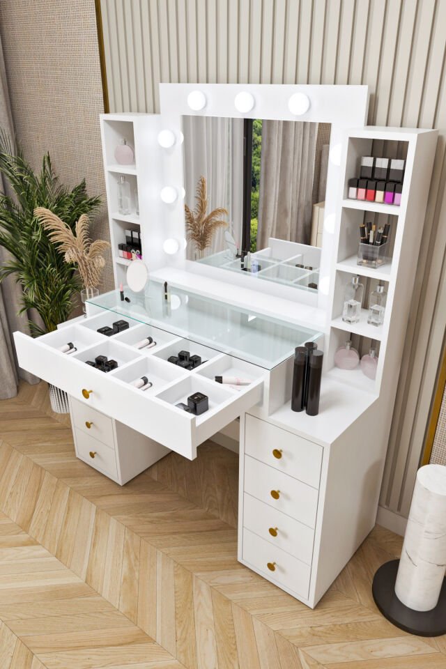 Ases Mobilya Ela660 Makyaj Masası Aynalı ve Işıklı Modern Model
