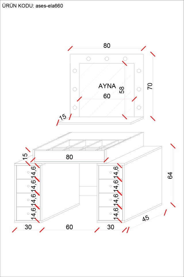 Ases Mobilya Ela660 Makyaj Masası Aynalı ve Işıklı Modern Model